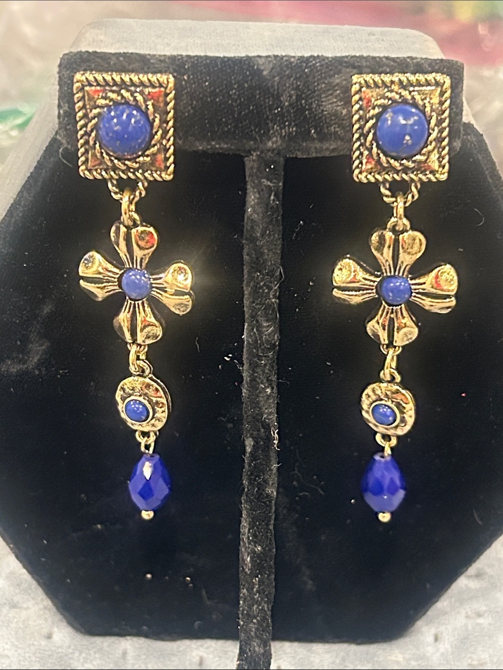 Antiqued Gold Blue Stone Drop Earrings-NWT